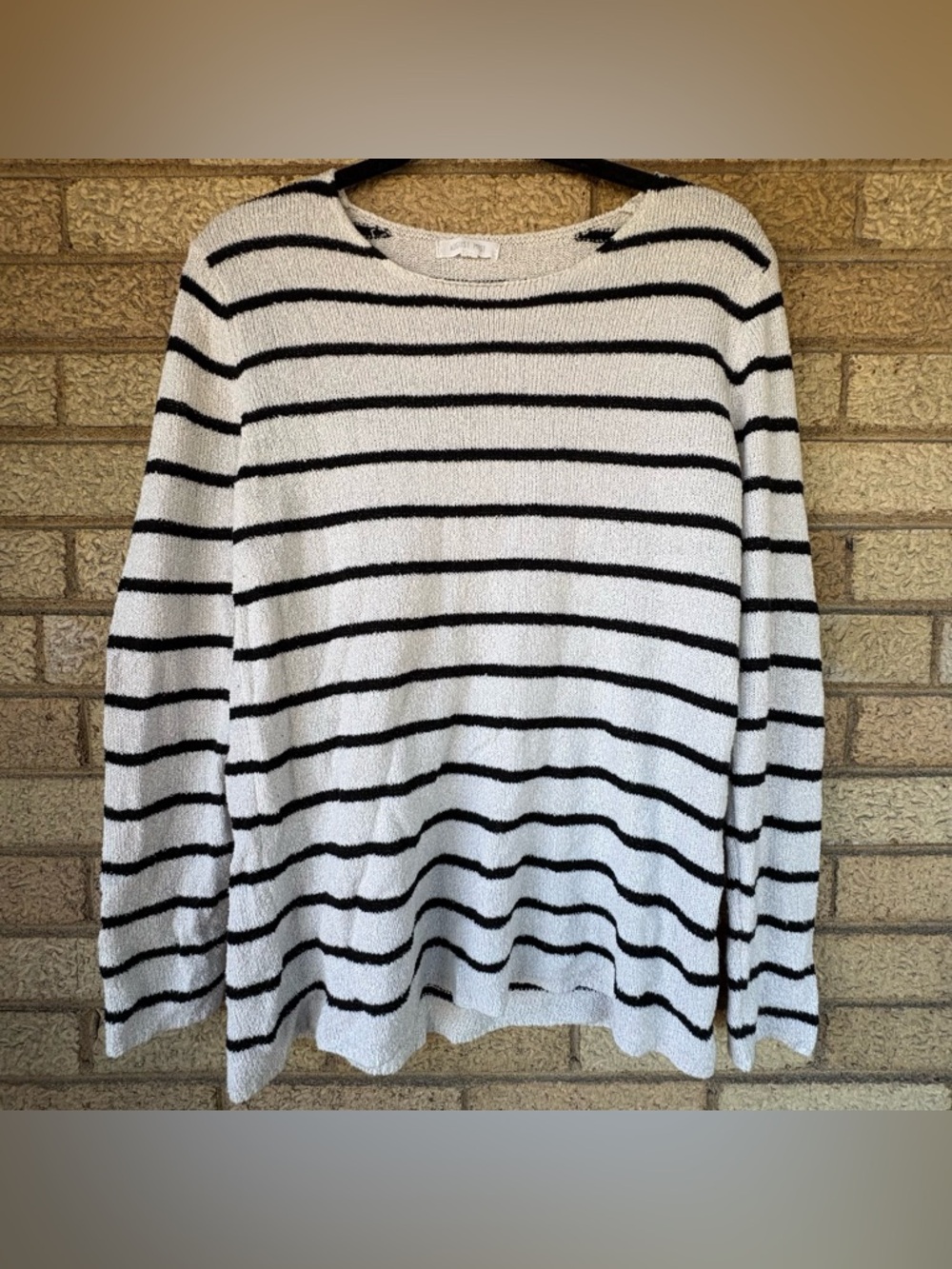 Classic Black & White Striped Crewneck Sweater with Elbow Pads
